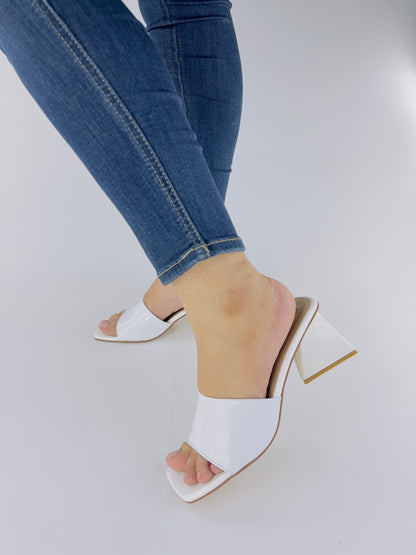 White Matte Leatherette Square Toe Slip-On Heels - Spunkz