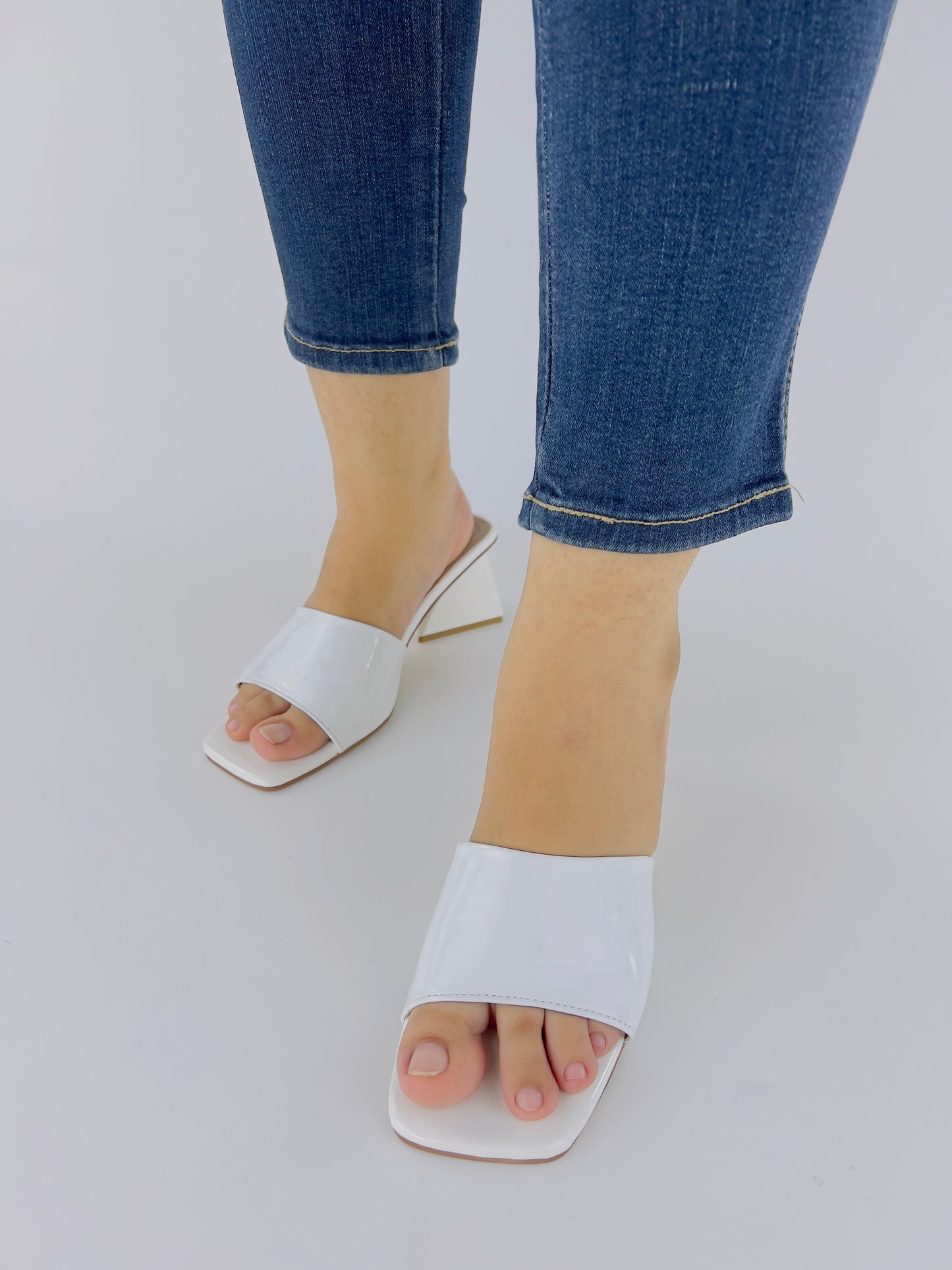 White Matte Leatherette Square Toe Slip-On Heels - Spunkz