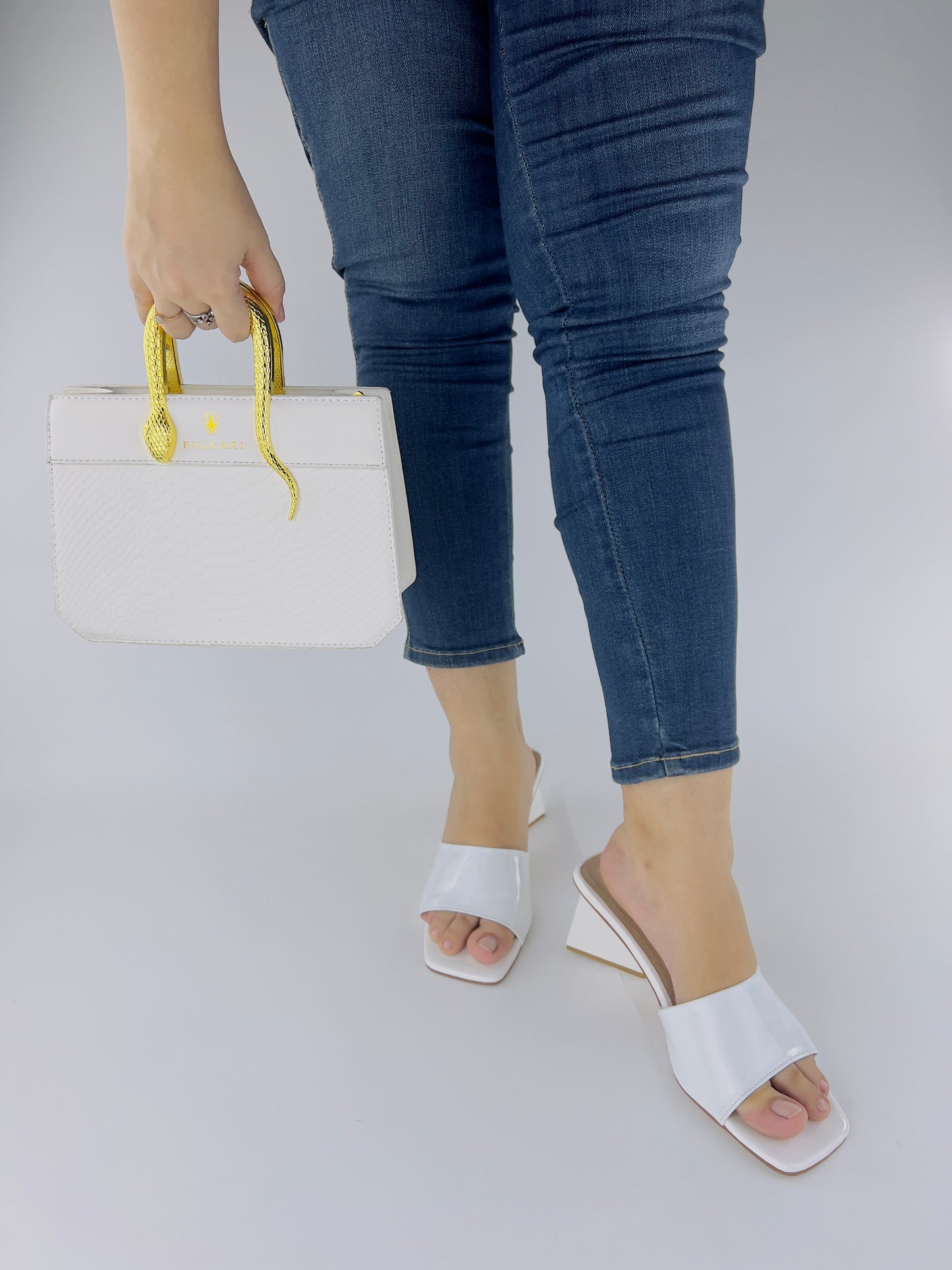 White Matte Leatherette Square Toe Slip-On Heels - Spunkz