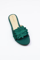 Melena Shiny Diamante Flower Green Flat Sliders