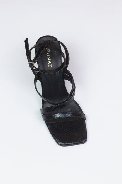 Orla Black Crocs leather Straps Ankle Heeled Sandals - Spunkz