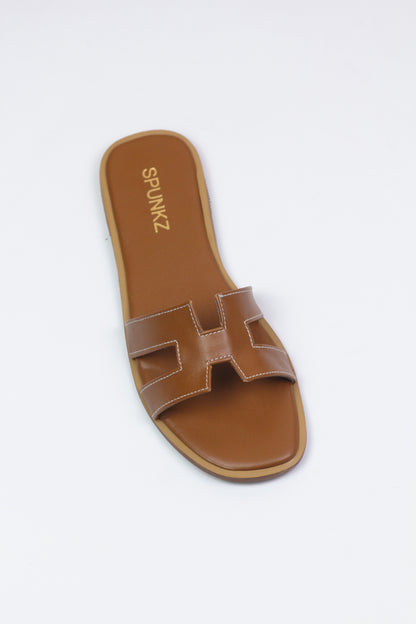 Hania Iconic Brown "H" Cut-Out Faux Leather Flat Slides - Spunkz