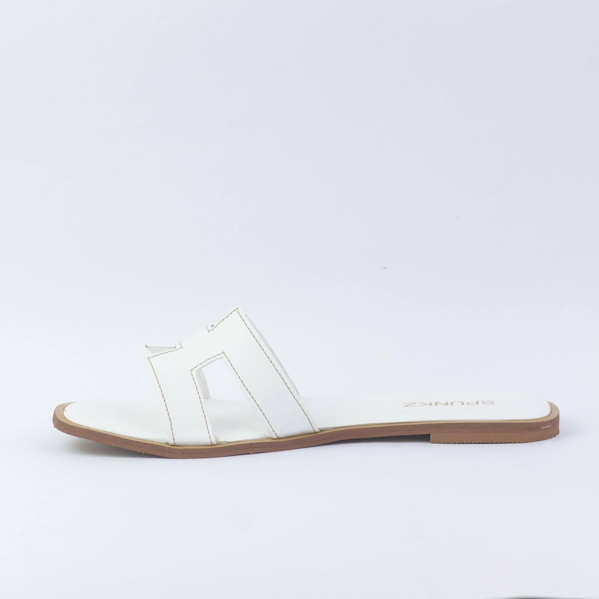 Spunkz Hania Iconic White "H" Cut-Out Flat Slides - Spunkz