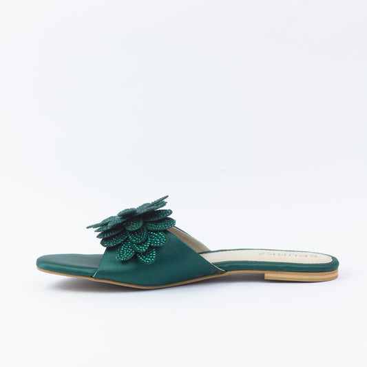 Melena Shiny Diamante Flower Green Flat Sliders - Spunkz