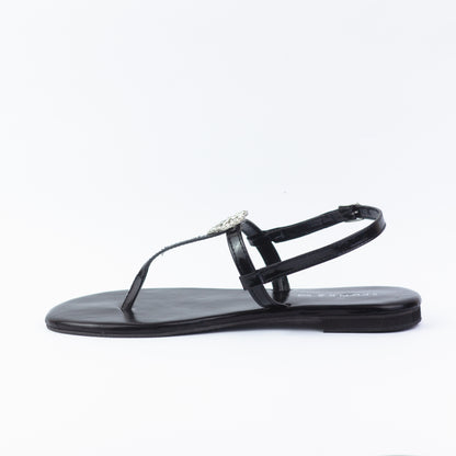 Anya Metallic Black T-Strap Flat Flip Flop Thong Sandals - Spunkz