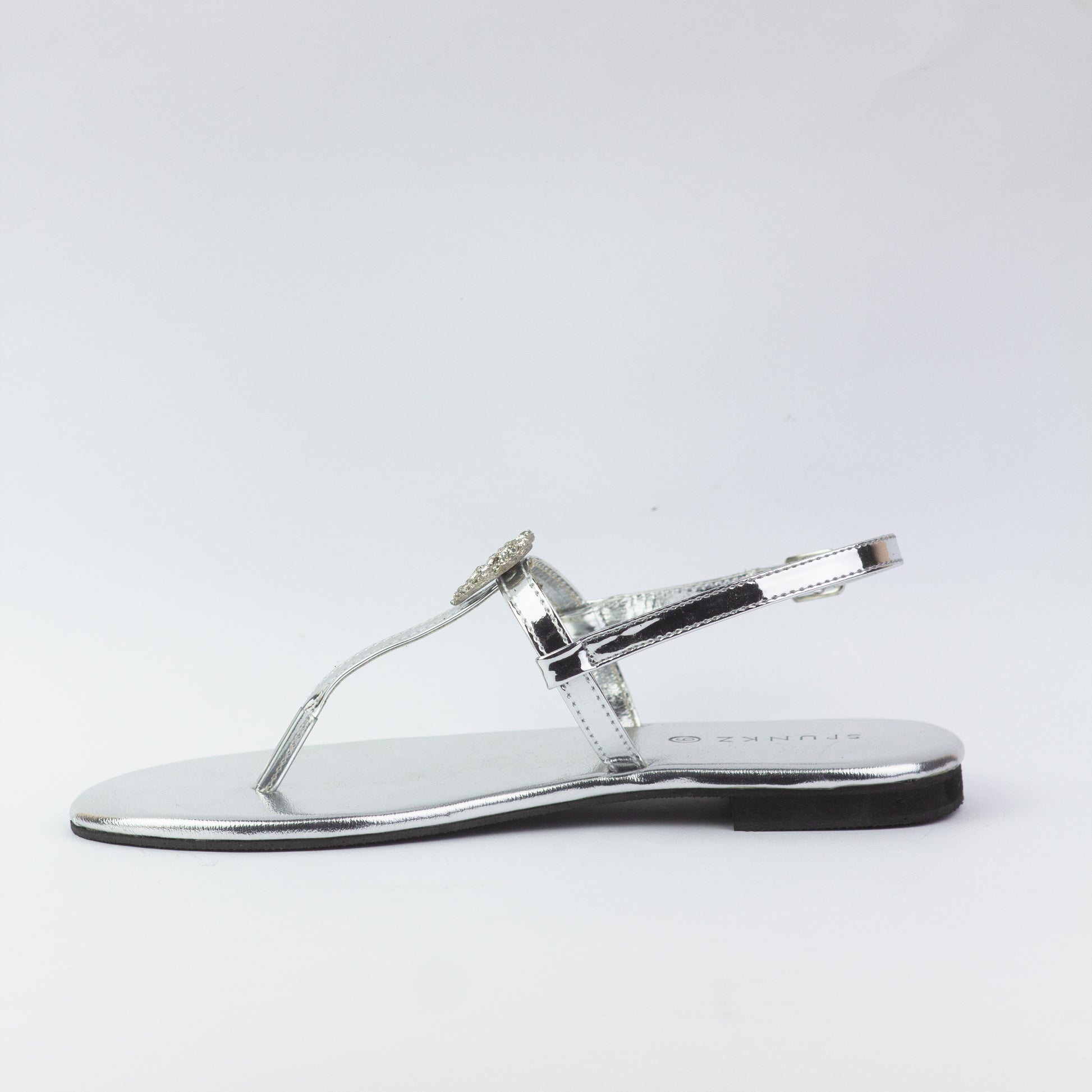 Anya T-Strap Silver Thong Sandals with Buckle Closure - Spunkz