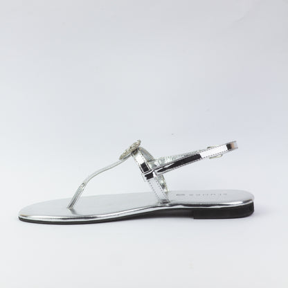 Anya T-Strap Silver Thong Sandals with Buckle Closure - Spunkz