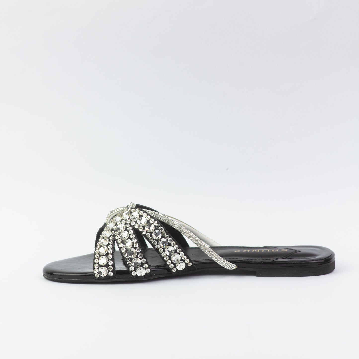 Kali Sequin Decor Crystal Embellished Black Flat Slides - Spunkz