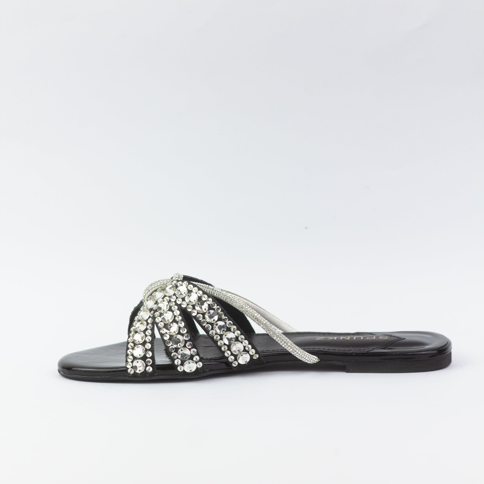 Kali Sequin Decor Crystal Embellished Black Flat Slides - Spunkz