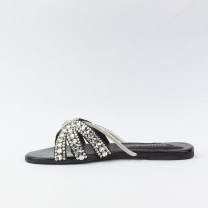 Kali Sequin Decor Crystal Embellished Black Flat Slides - Spunkz