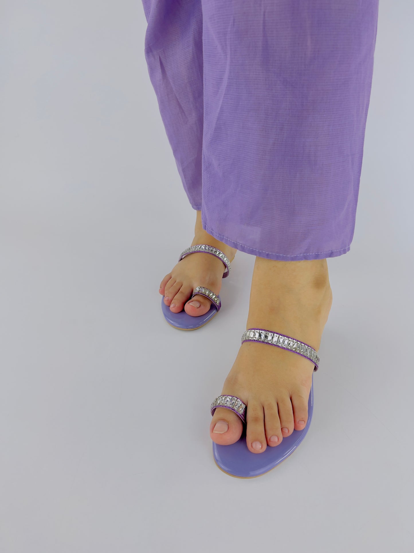 Spunkz Lilac Sparkling Crystal Chain Embellished Formal Thong Sandals - Spunkz