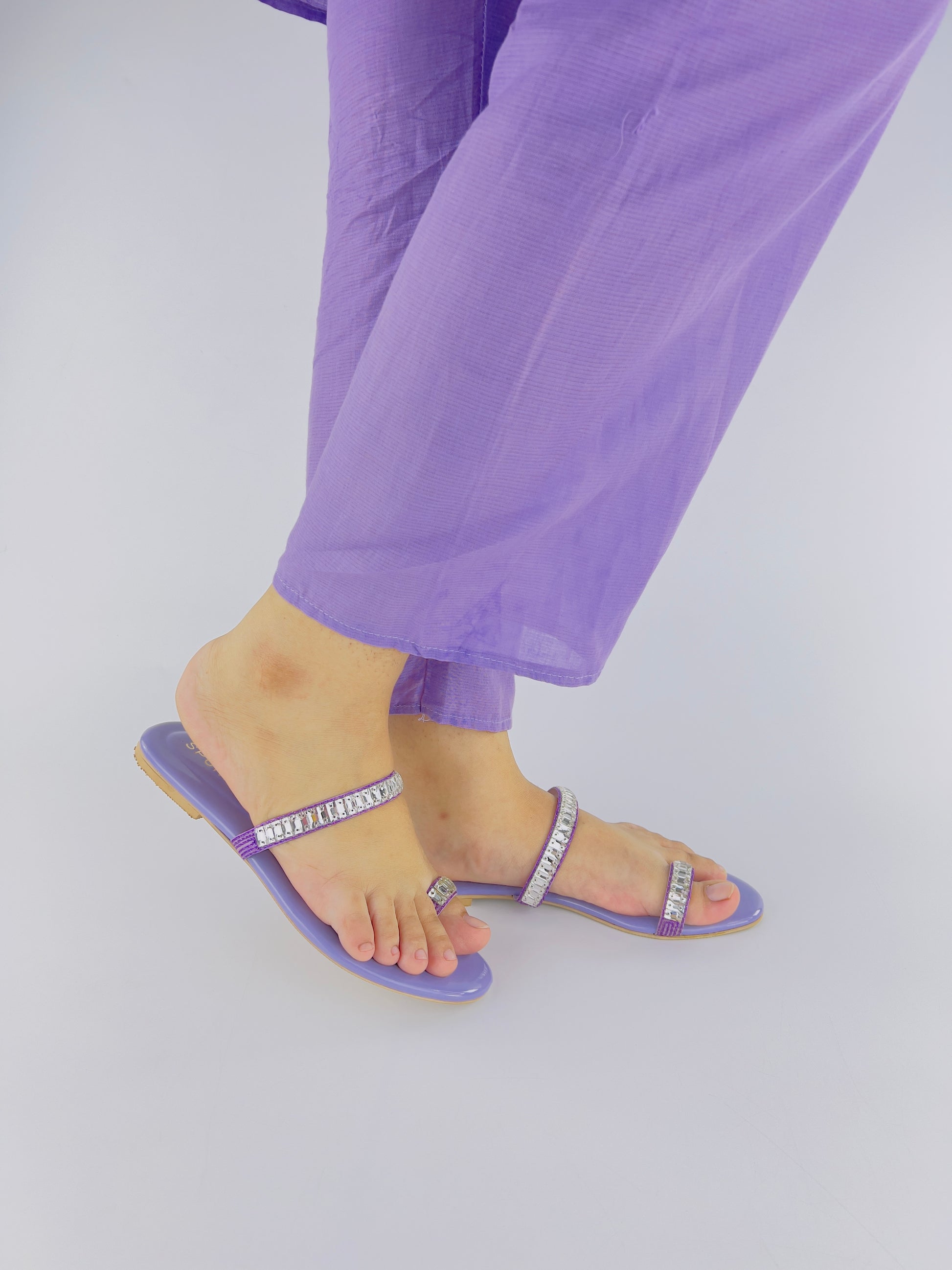 Spunkz Lilac Sparkling Crystal Chain Embellished Formal Thong Sandals - Spunkz