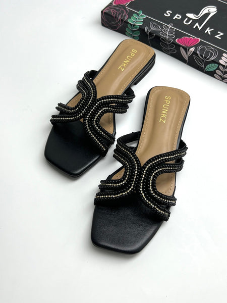 Pearl Embellished Black Slipper - Spunkz