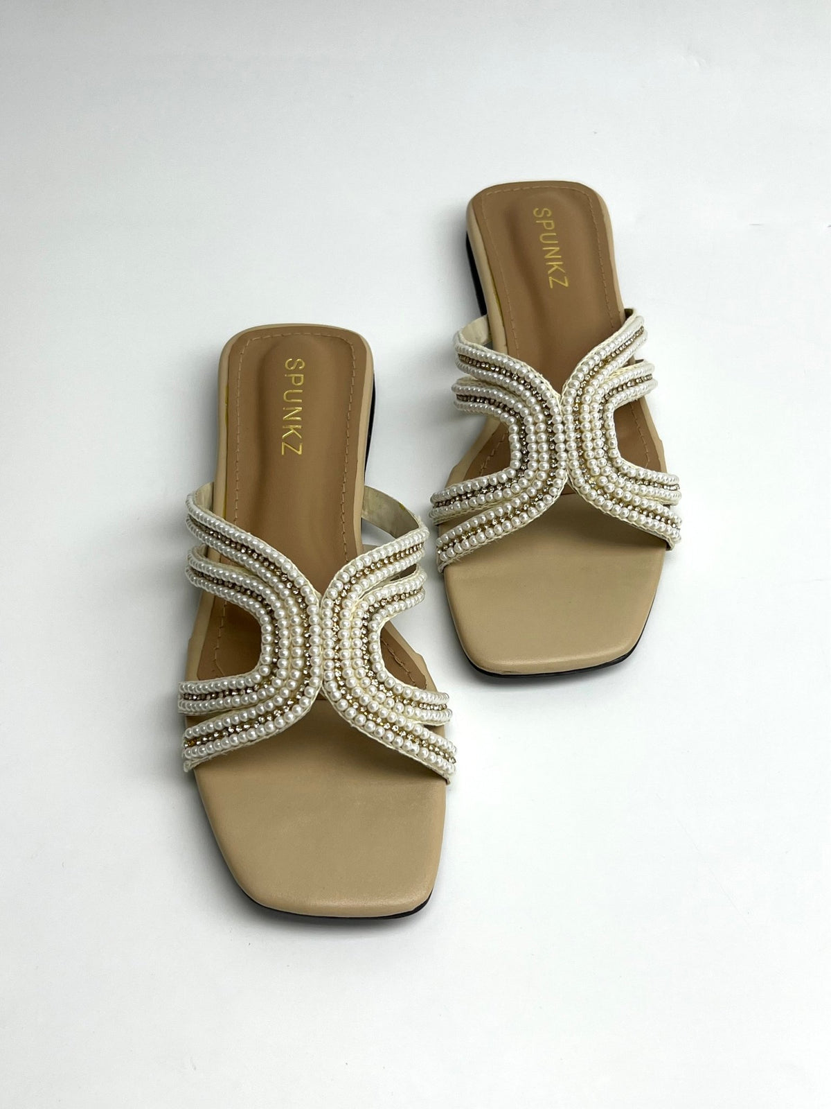 Pearl Embellished Nude Slippers - Spunkz