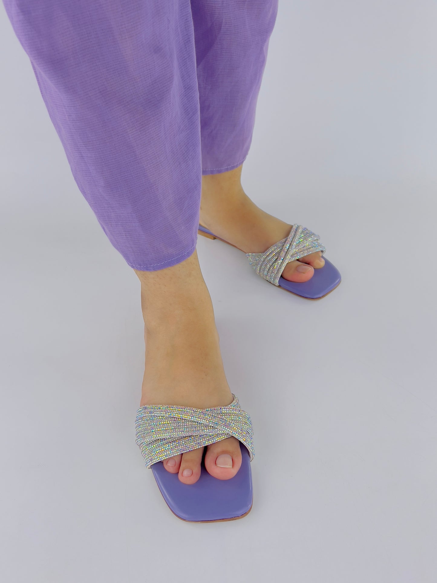 Diana Lilac Rhinestone Strap Flat Open Toe Summer Women Slippers - Spunkz