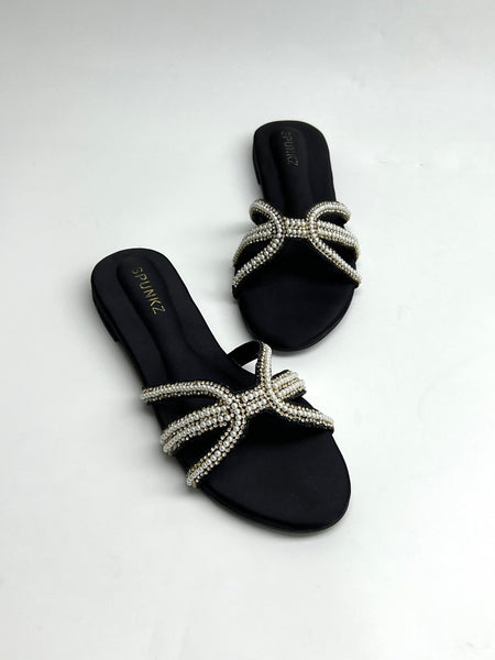 Black Pearl Straps Slippers - Spunkz