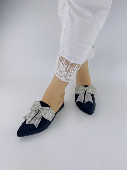 Trista Black Embellished Bow Velvet Mules - Spunkz