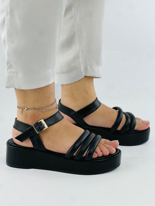 Spunkz Cross Strap Platform Wedge Heel Sandals in Black Faux Leather