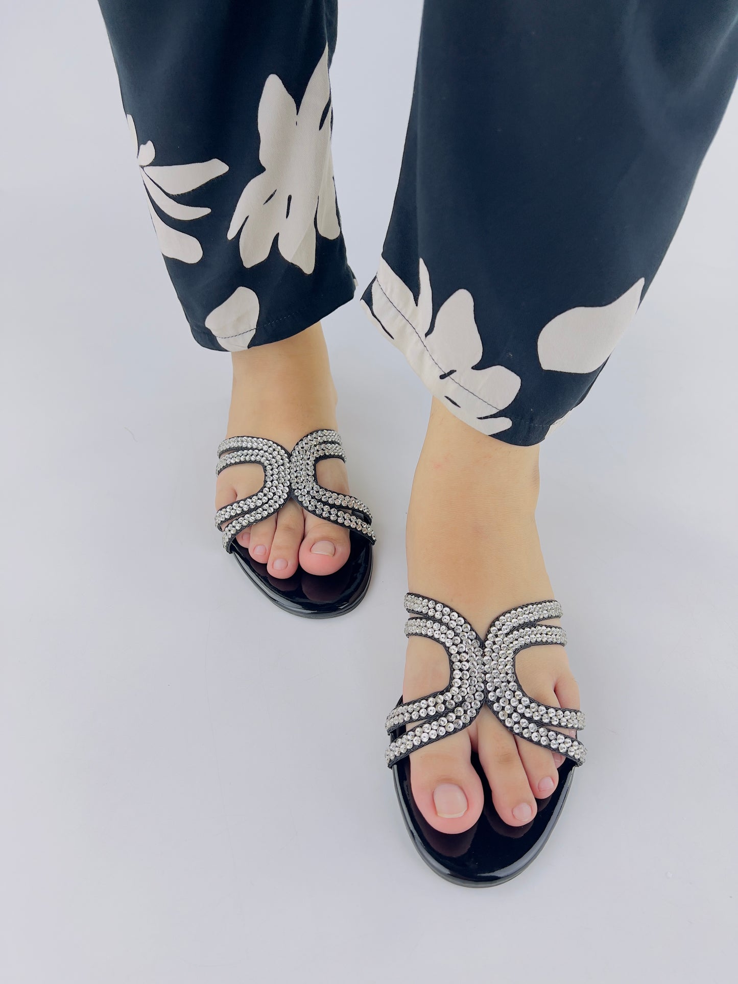 Mila Black Double Strap Crystal Embellished Flat Slides