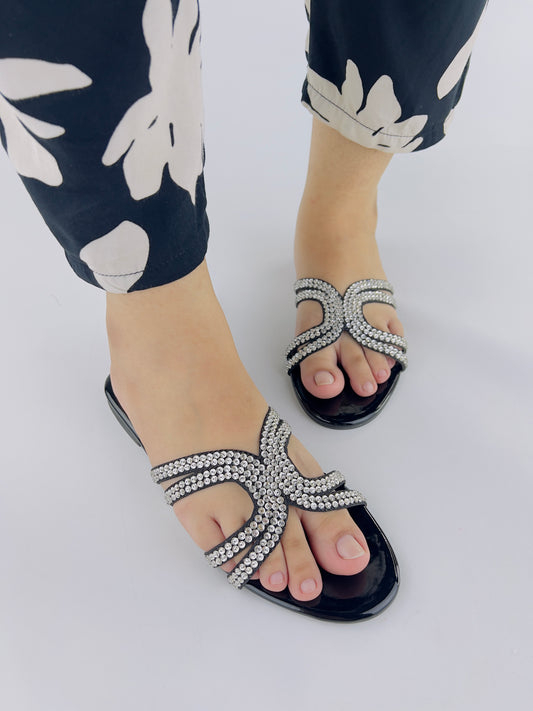 Mila Black Double Strap Crystal Embellished Flat Slides