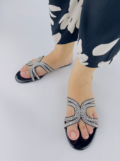 Mila Black Double Strap Crystal Embellished Flat Slides