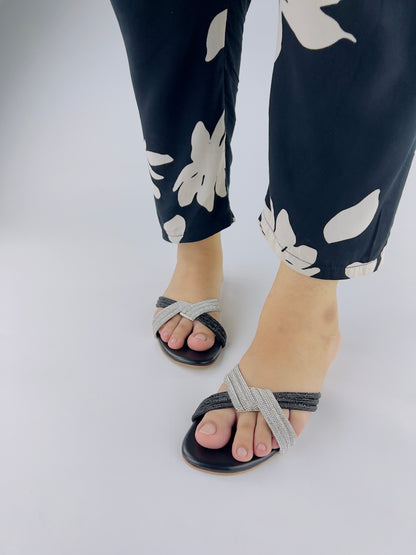 Spunkz Silver and Black Diamante Knot Strappy Flats Slides - Spunkz