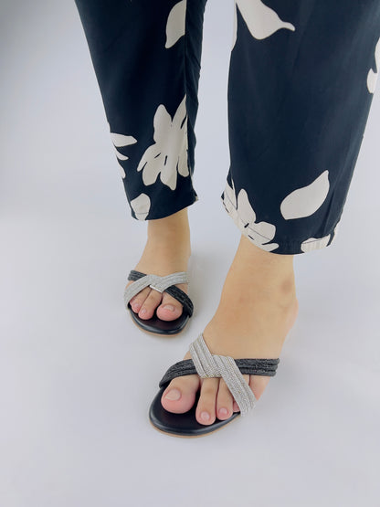 Spunkz Silver and Black Diamante Knot Strappy Flats Slides - Spunkz