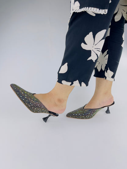 Black Diamond Rhinestone Decor Mules - Spunkz