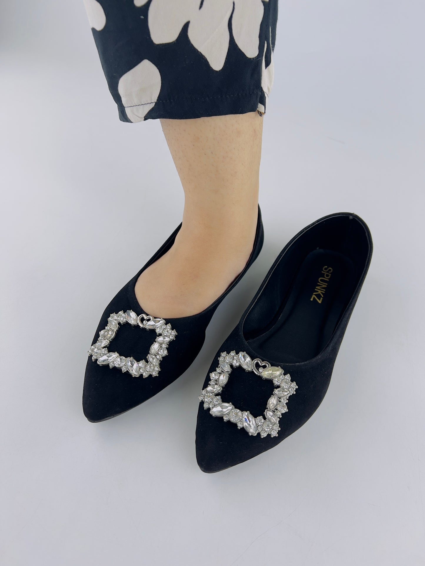 Myla Black Rhinestone Decor Point Toe Flat Shoes