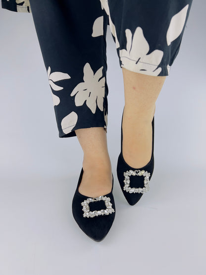 Myla Black Rhinestone Decor Point Toe Flat Shoes