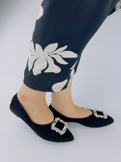 Myla Black Rhinestone Decor Point Toe Flat Shoes