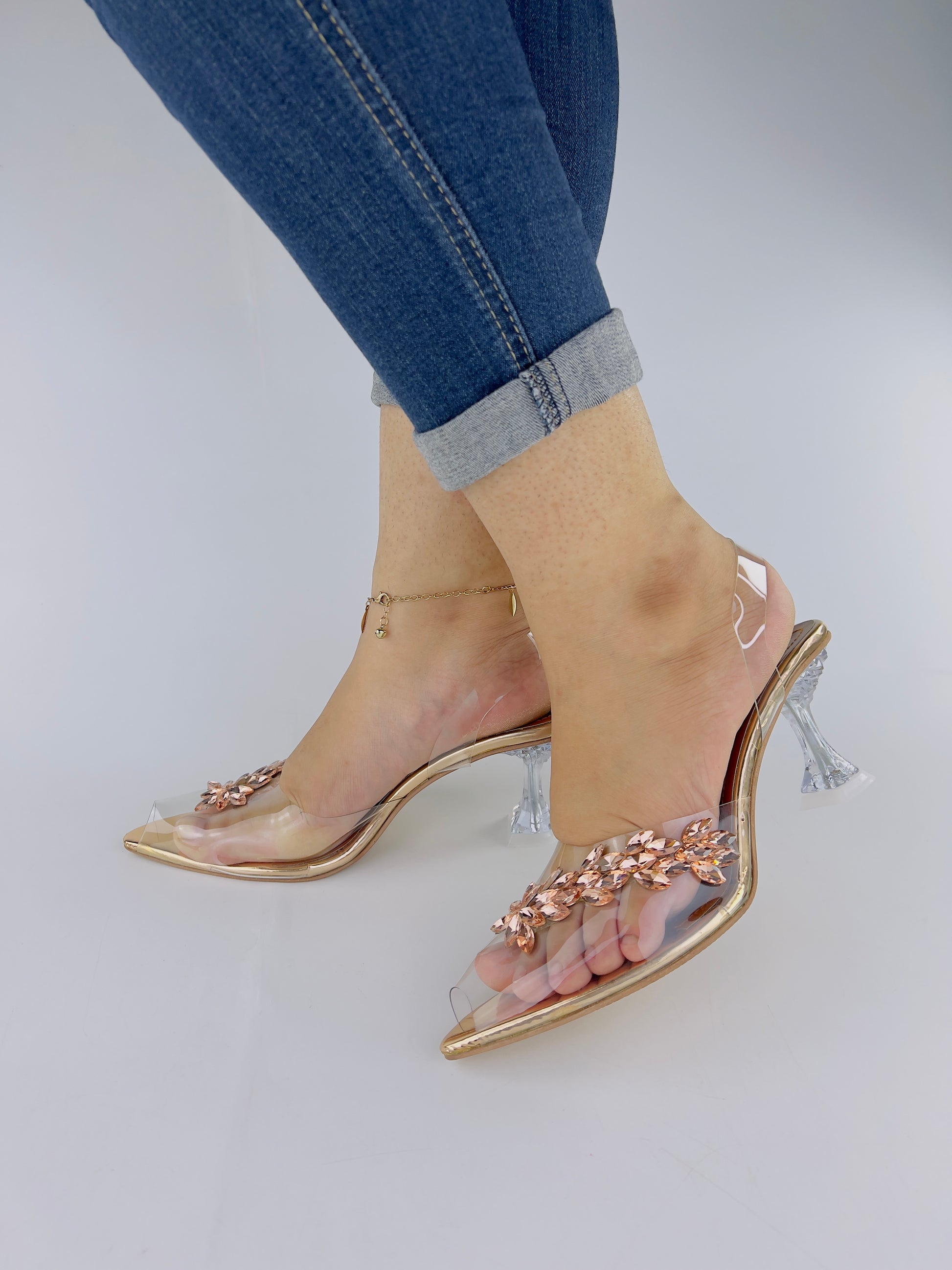 Gigi Diamond Embellished Brooch Crystal Transparent Heels - Spunkz