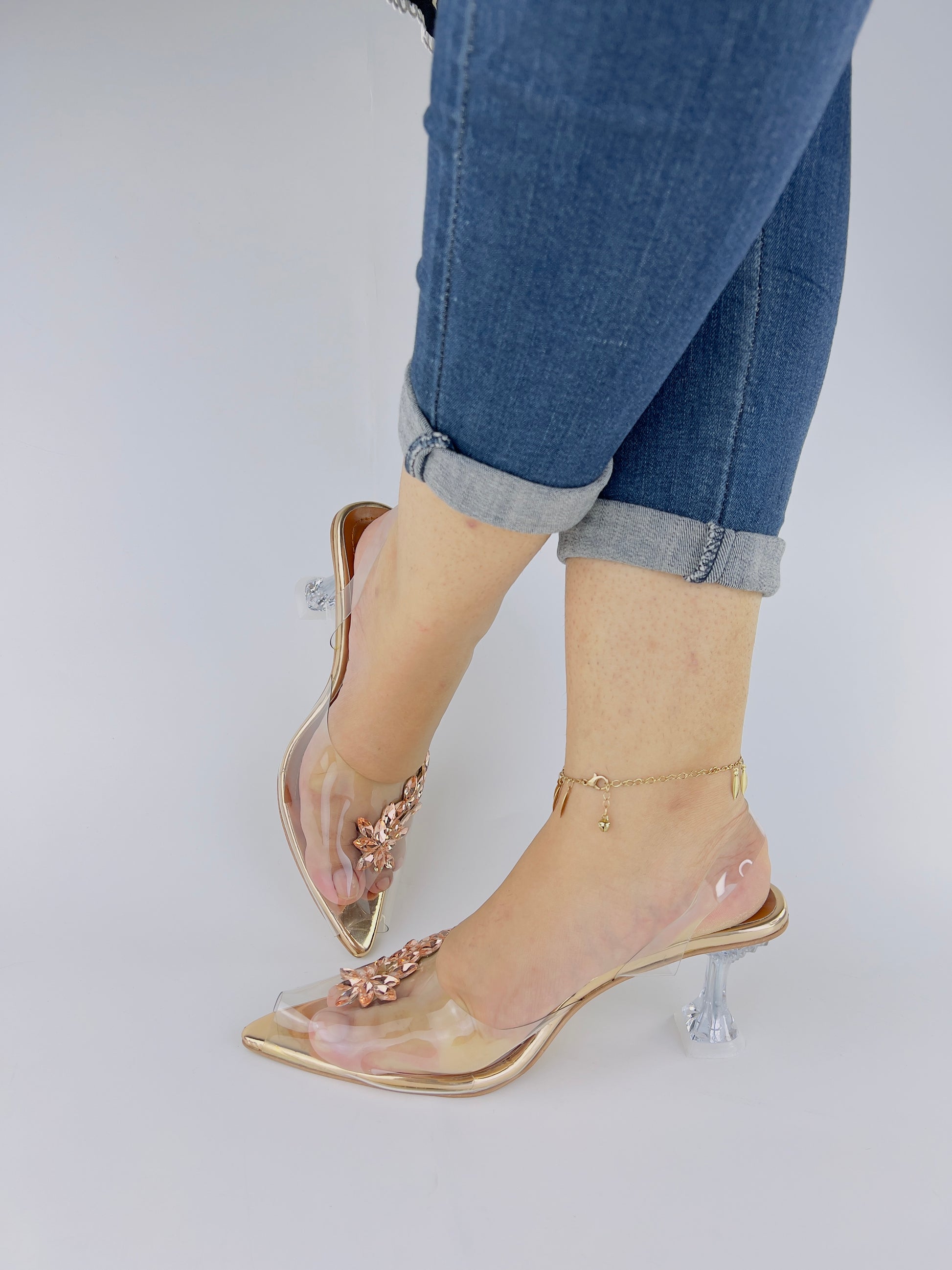 Gigi Diamond Embellished Brooch Crystal Transparent Heels - Spunkz