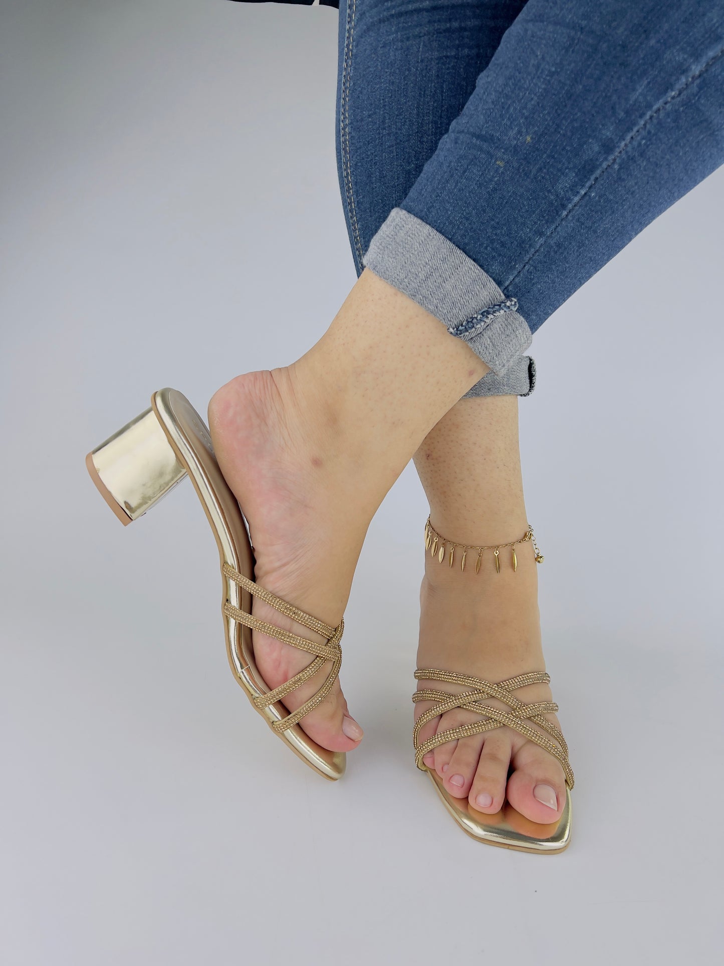 Alba Golden Rhinestone Cross Chained Strap Block Heel Sandals - Spunkz