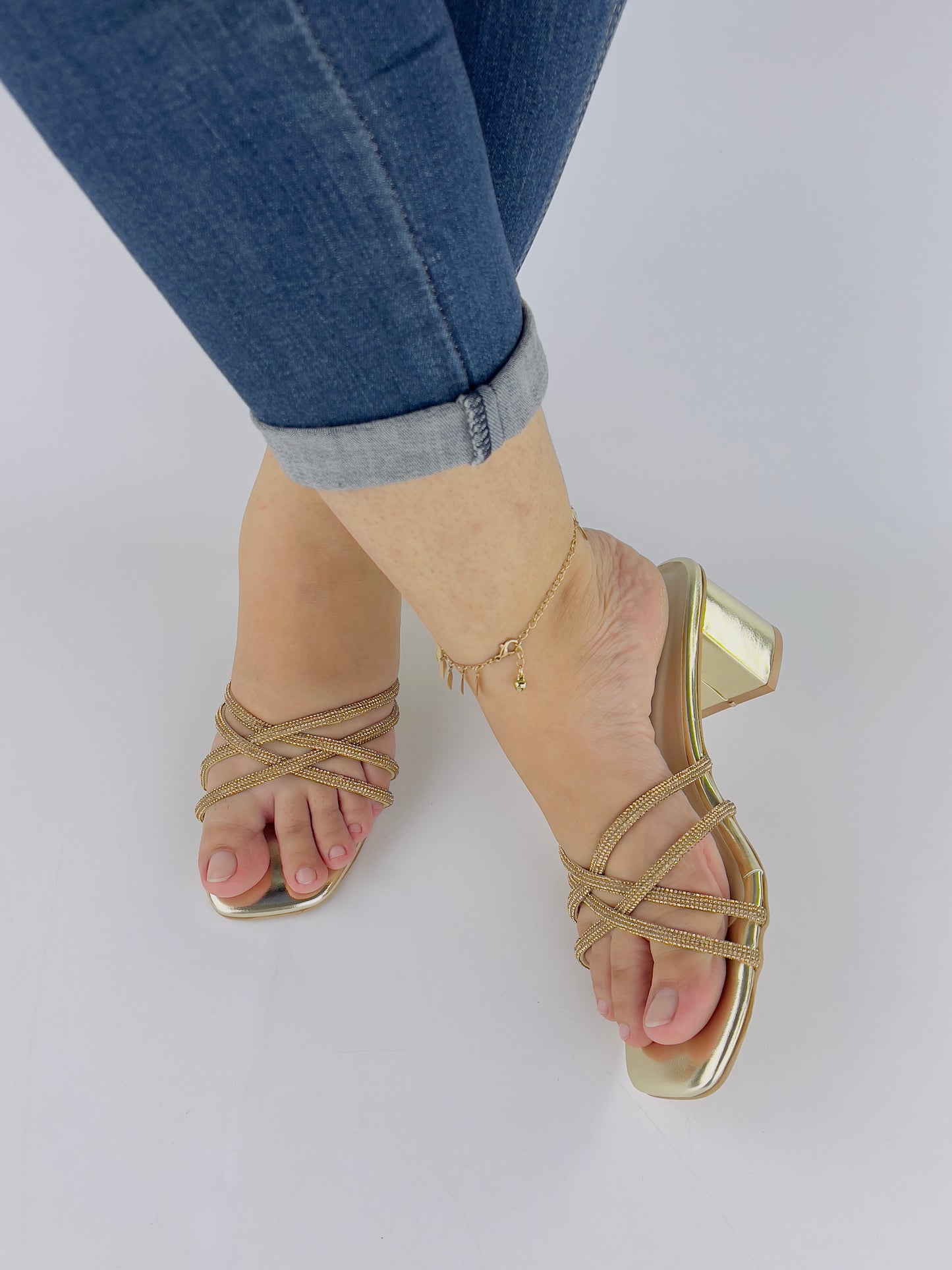 Alba Golden Rhinestone Cross Chained Strap Block Heel Sandals - Spunkz