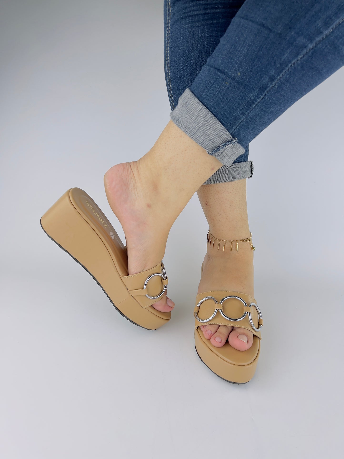 Spunkz Nude Wedges with Round Metal Chain - Spunkz