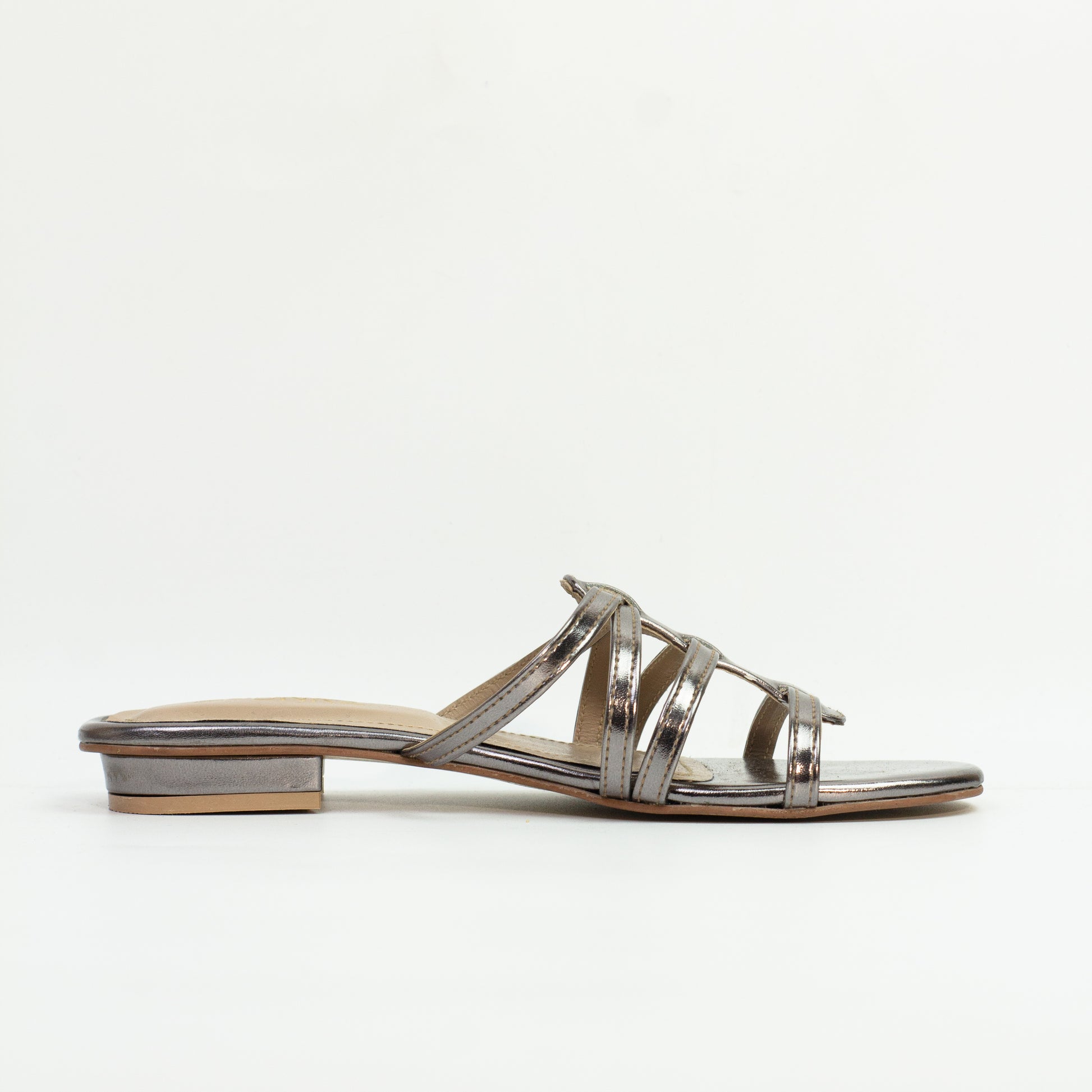 Spunkz Bella Grey Round Toe Twisted Straps Flat Slides - Spunkz