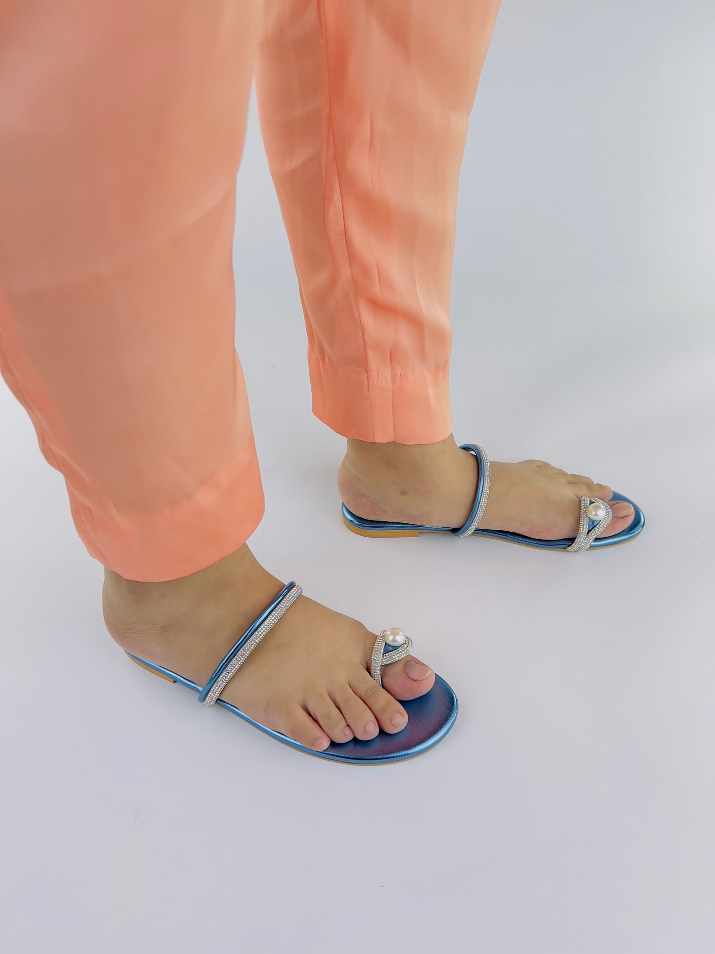 Parisa Metallic Blue Toe Ring Pearl Flats