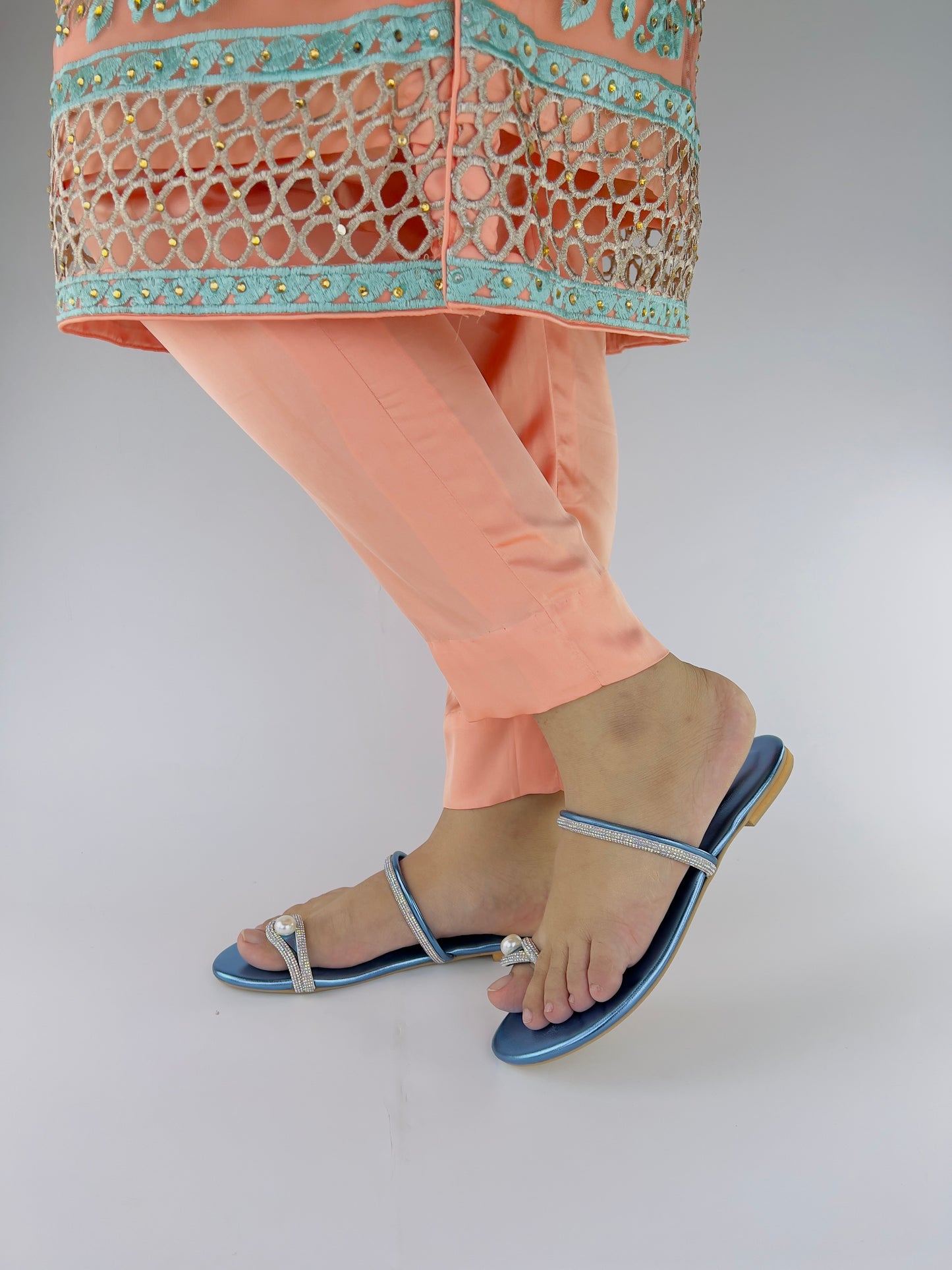 Parisa Metallic Blue Toe Ring Pearl Flats