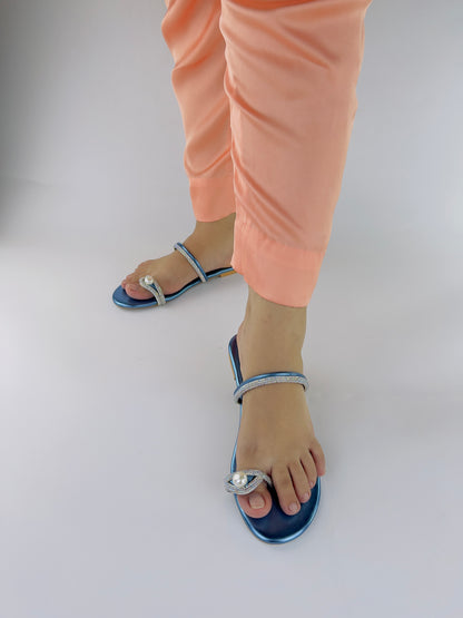 Parisa Metallic Blue Toe Ring Pearl Flats