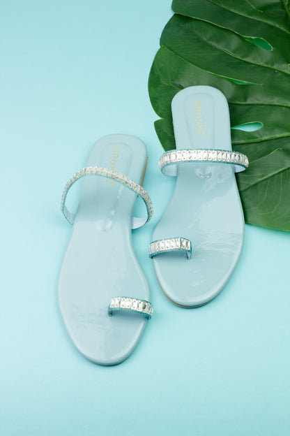 Spunkz Turquoise Blue Strap Diamanté Slides - Spunkz