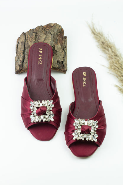 Spunkz Peep Toe Crystal Brooch Burgundy Flat Slippers - Spunkz