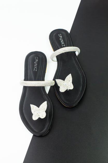 Spunkz Black Butterfly Embroidery Sequins Decor Kolhapuri Flats Slippers - Spunkz