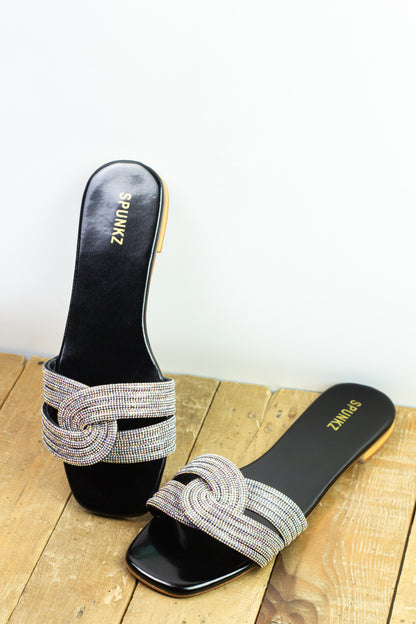 Spunkz Crystal Embellished Diamanté Knotted Straps Slides - Spunkz