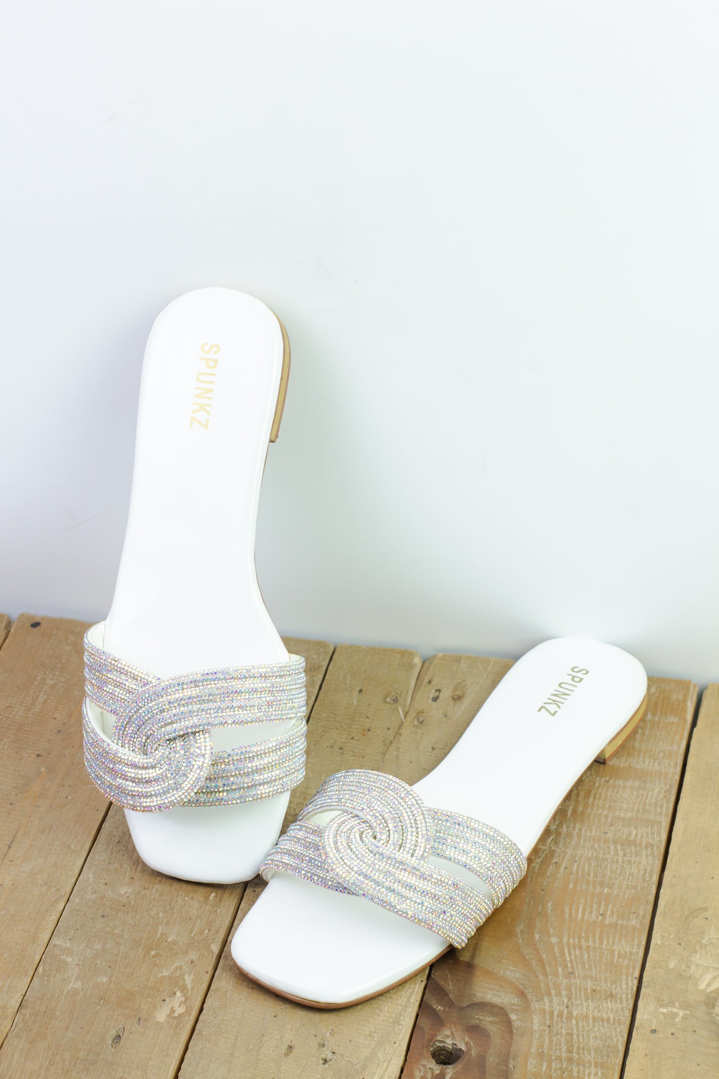 Spunkz White Diamanté Knotted Rhinestone Slide Sandals - Spunkz