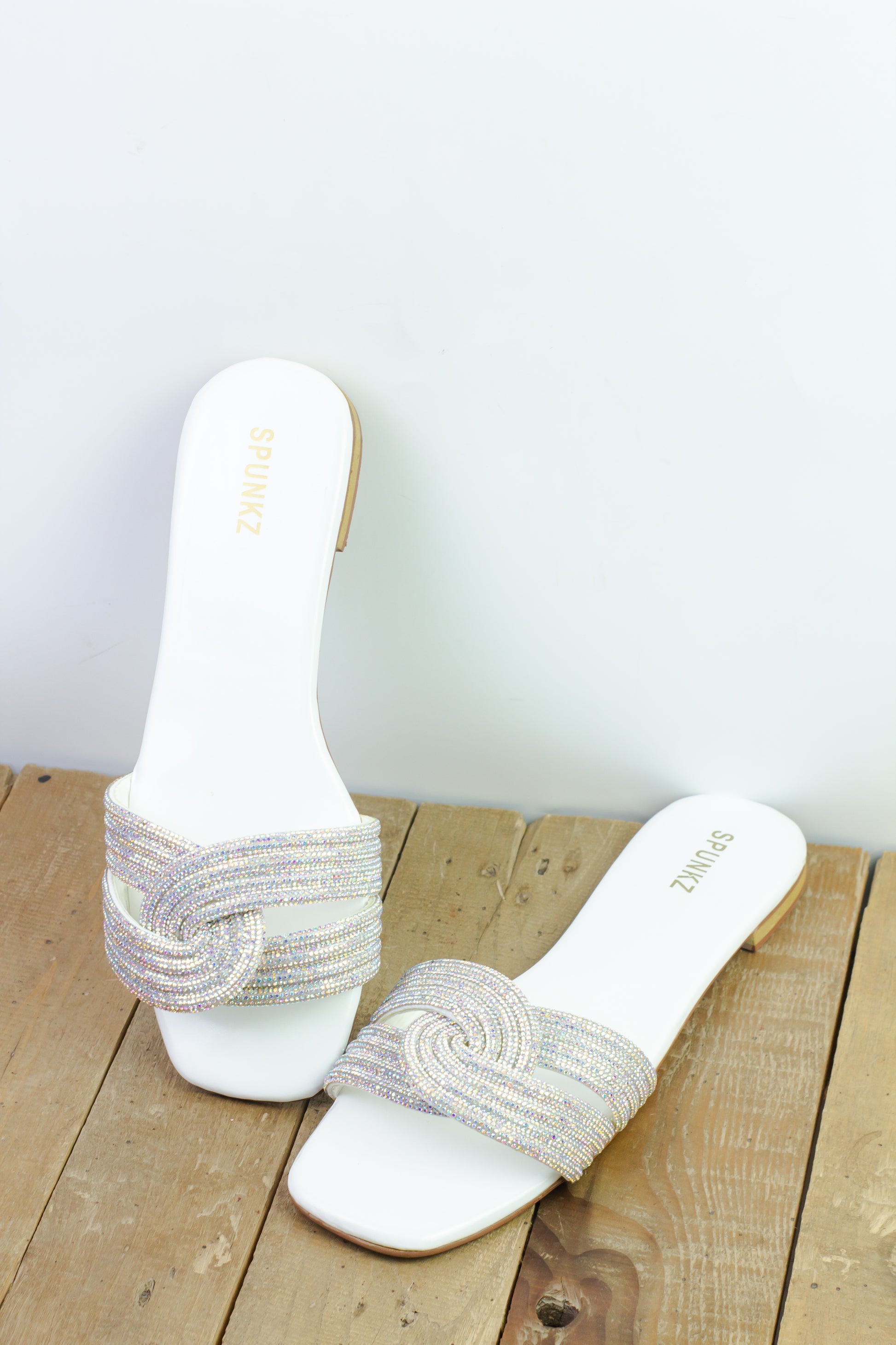 Spunkz White Diamanté Knotted Rhinestone Slide Sandals - Spunkz