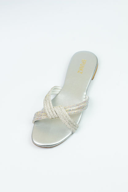 Spunkz Silver Diamante Strappy Rhinestone Knot Flats Sandals - Spunkz