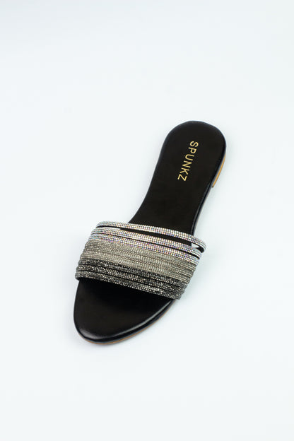 Spunkz Black and Silver Shiny Diamante Embellished Mash Flat Slippers - Spunkz