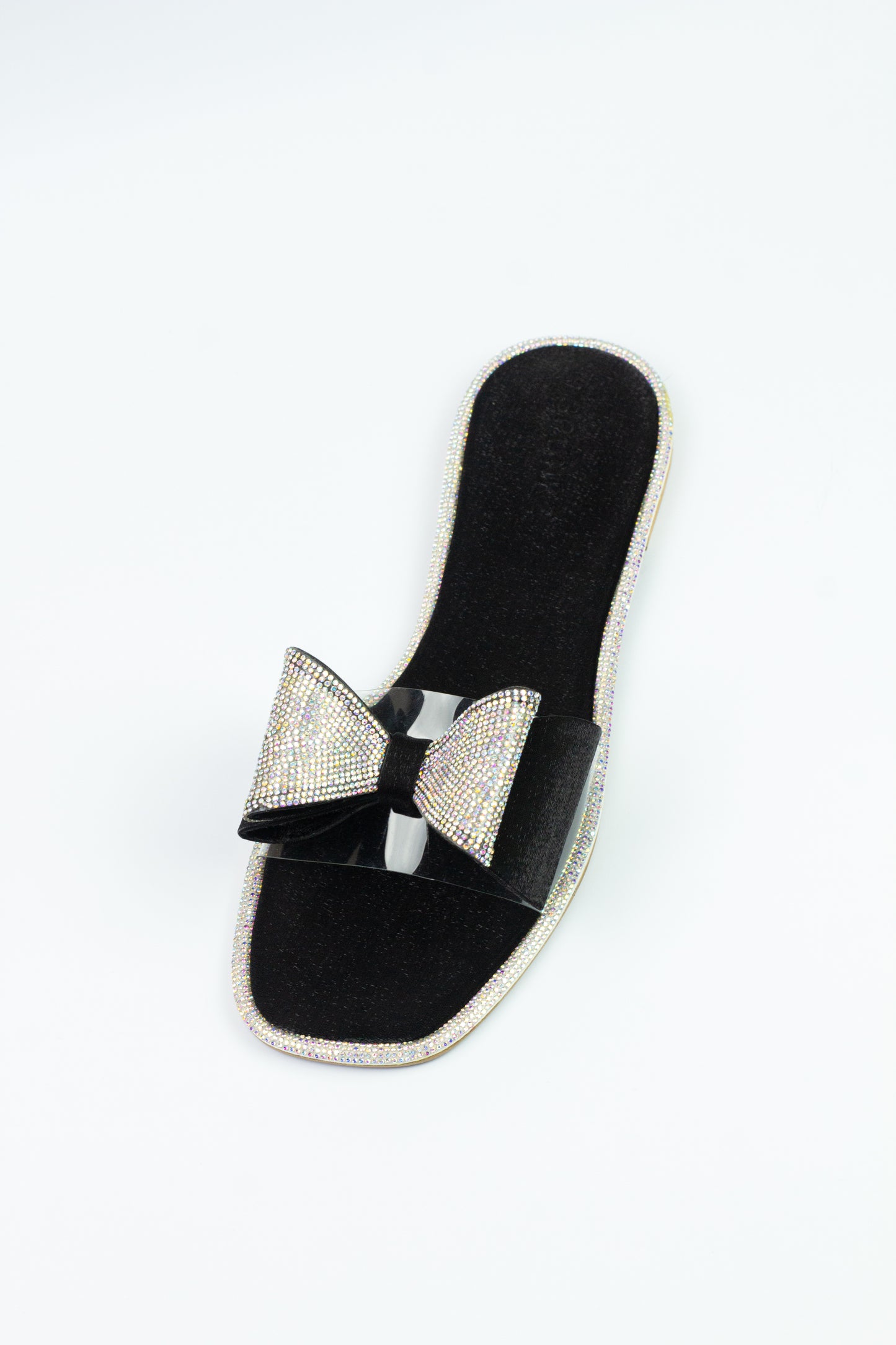 Spunkz Black Shimmery Diamanté Bow Flat Slides For Women - Spunkz