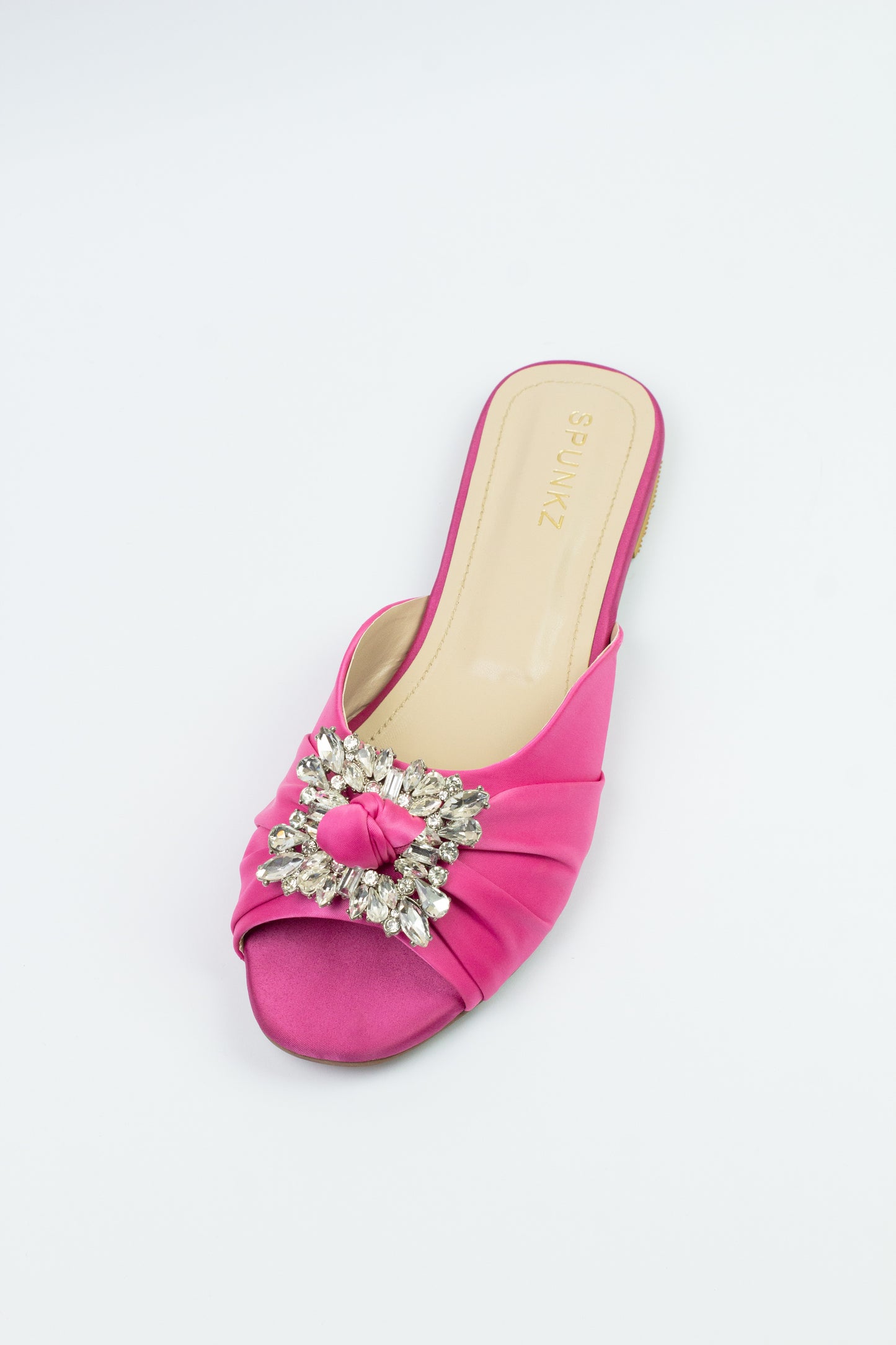 Spunkz Crystal Brooch Knot Decor Pink Satin Peep Toe Flat Slippers - Spunkz